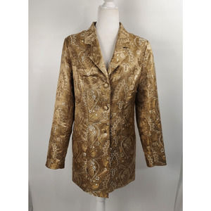 Jaclyn Smith Shiny Gold Paisley Floral Satin Brocade Coat Matching Clutch Bag